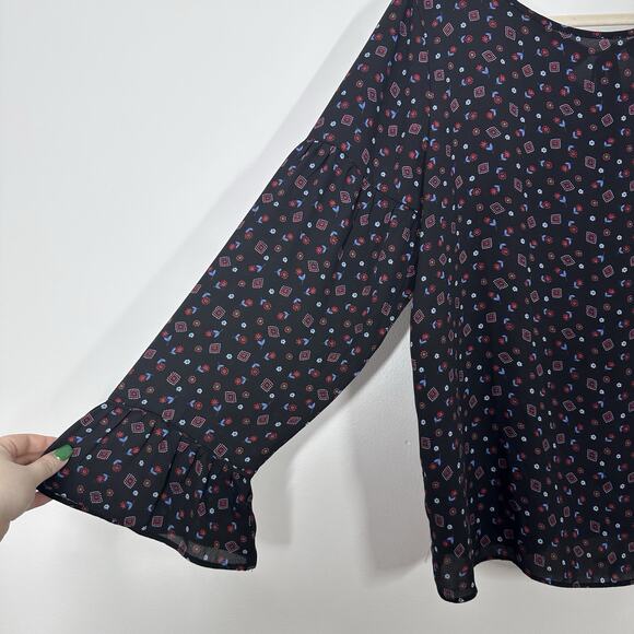 Loft Womens M Black Printed Floral Long Bell Sleeve Semi Sheer Blouse Workwear - Picture 3 of 7